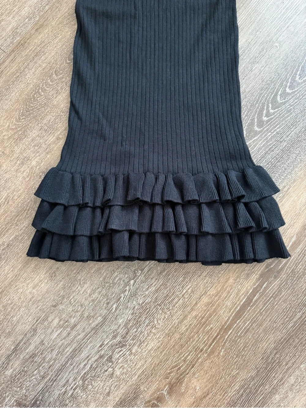 NWT J+L John + Jenn Black Rib Knit Ruffle Hem Sweater Dress XS | Stretch Midi